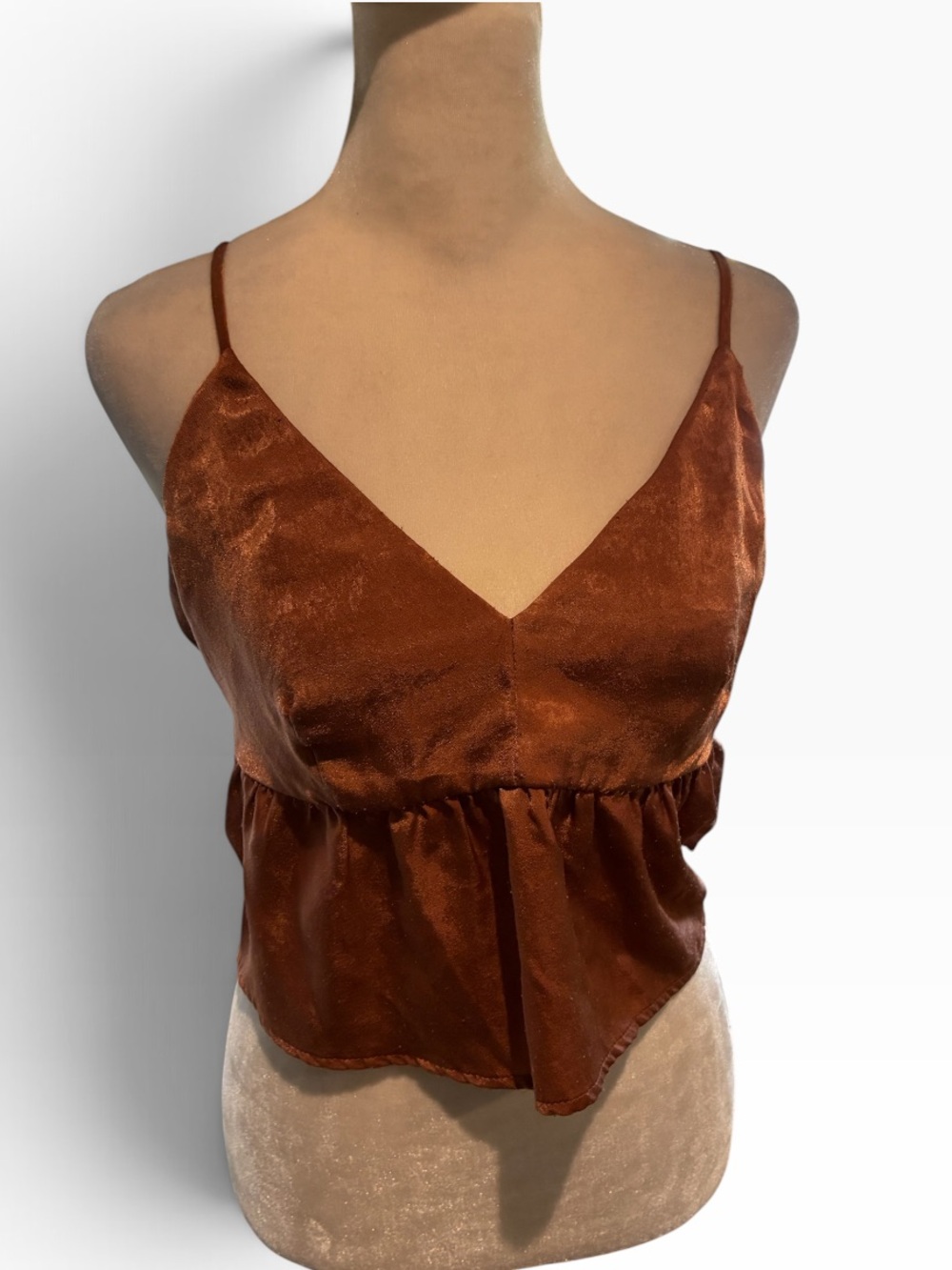 Mi Ami Copper/Bronze Satin V-Neck Spaghetti Strap Camisole. Flattering